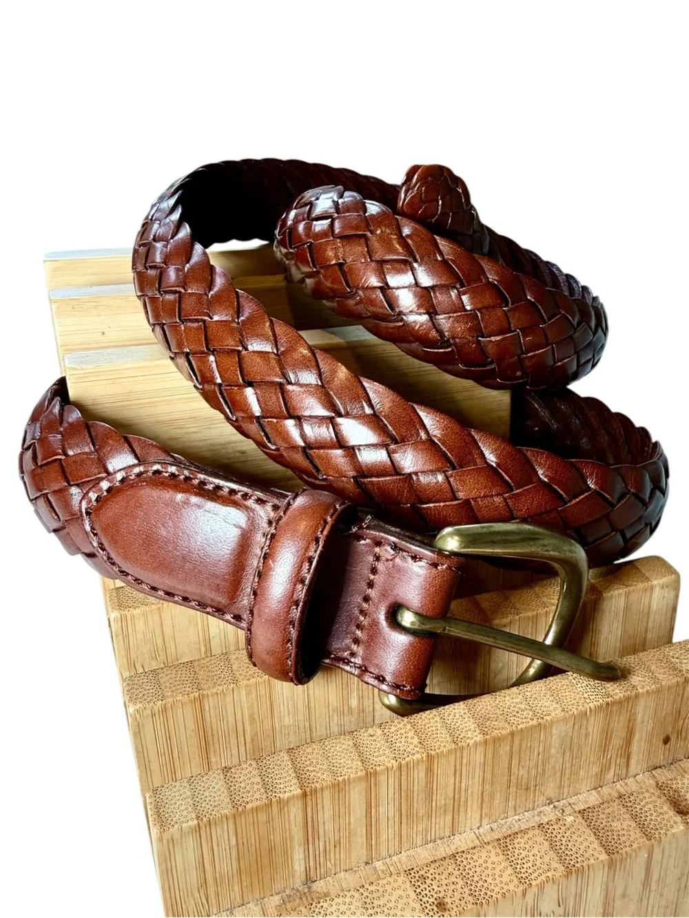 Classic Lands End Mens Braided Leather Belt Brown Mens Size 42 #506